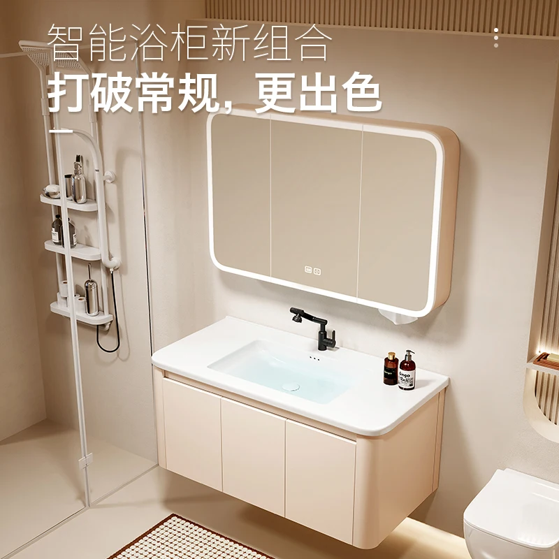 

Space aluminum bathroom cabinet combination bathroom hand wash face ceramic integrated basin washstand smart mirror cabinet