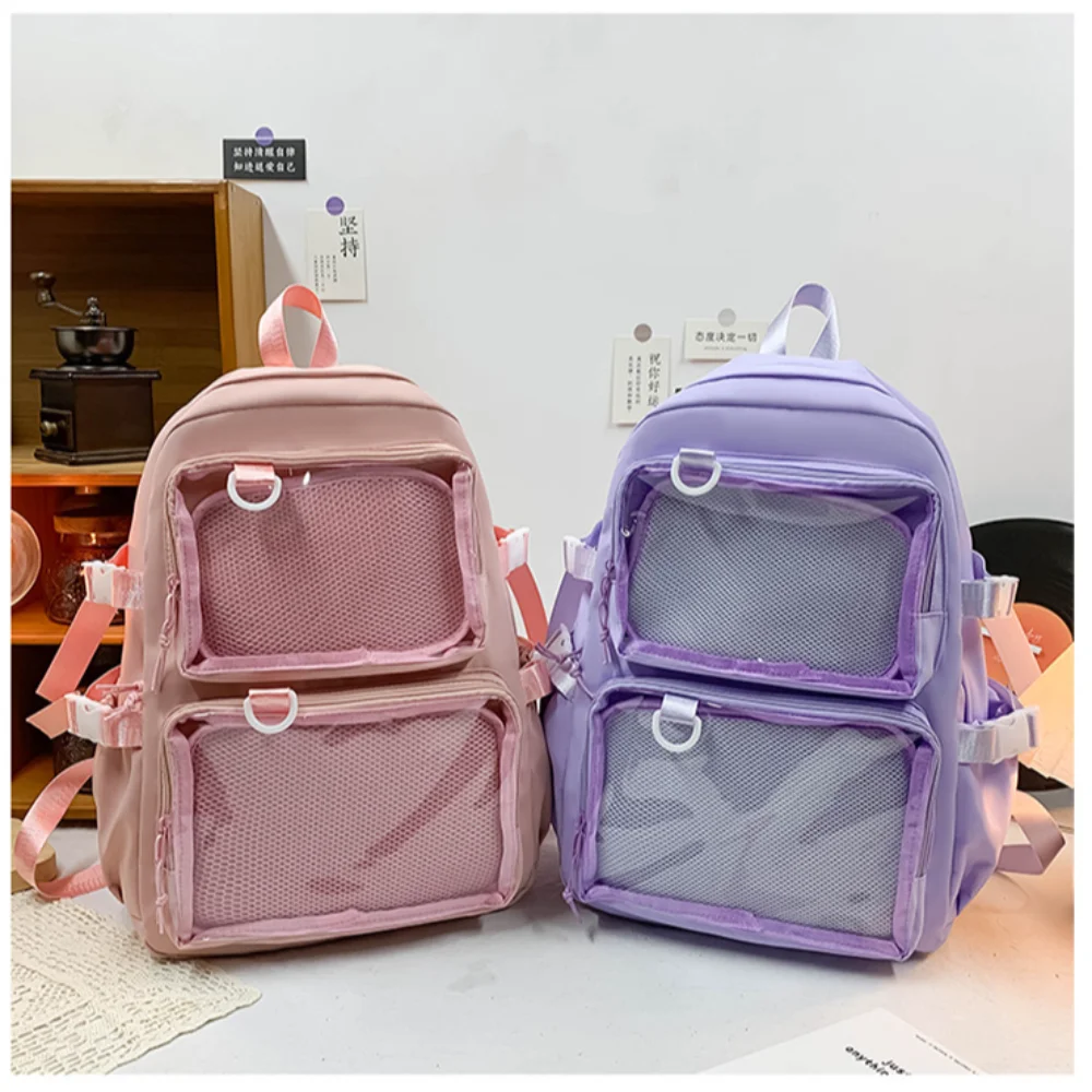 Tas ransel kapasitas besar, tas penyimpanan dua saku bening Kawaii baru untuk mahasiswa