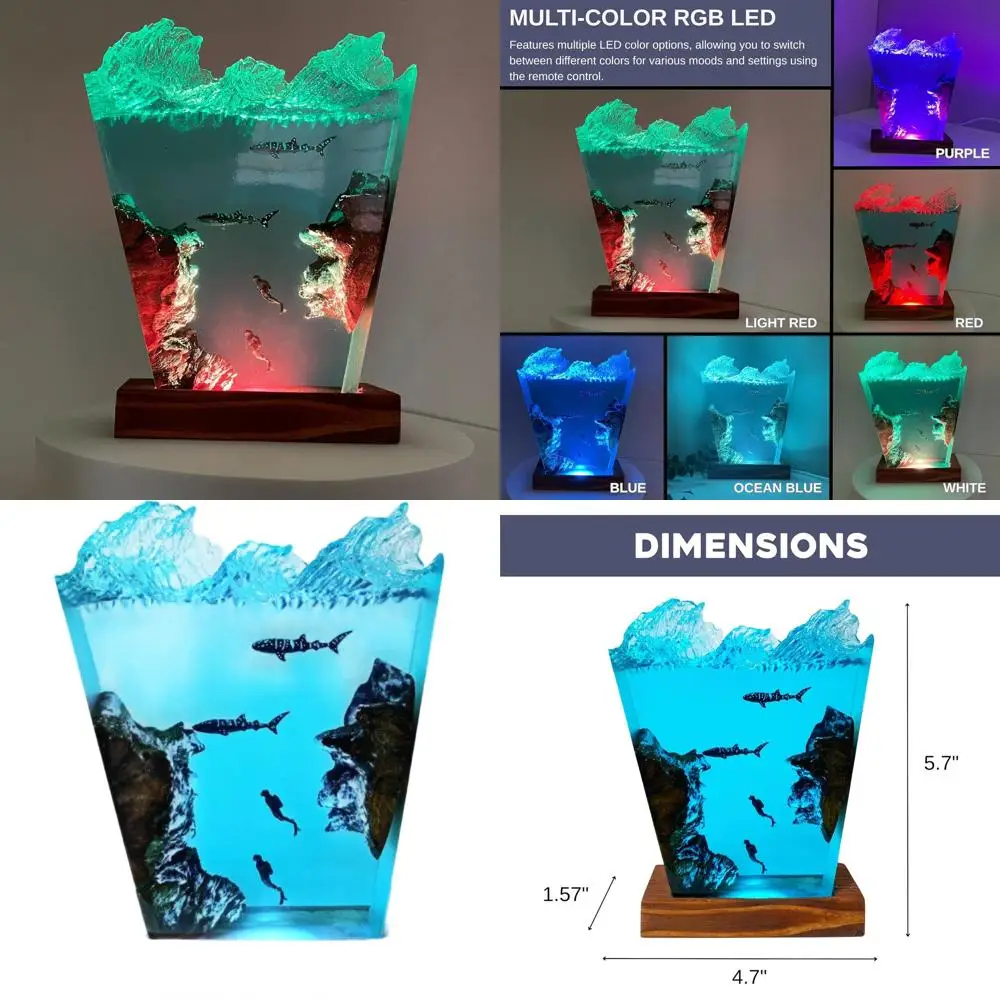 

Marine-themed LED Night Light with 16 Colors, USB Powered Turtle & Shark Desk Lamp, Wooden Base, Remote, Handcrafted Gift for Ho