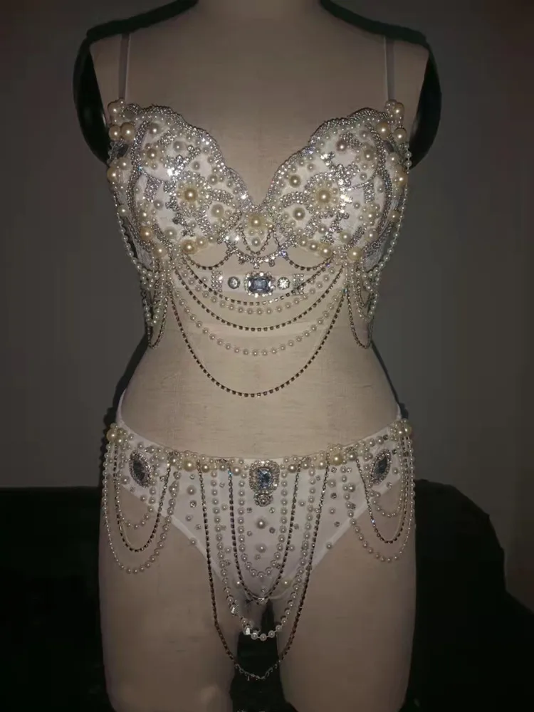 Pearl Rhinestone Bikini Rave Outfits Adult Women Nightclub Pole Dance Costume Bar DJ Gogo Stage Wear Party Show Festival Clothes