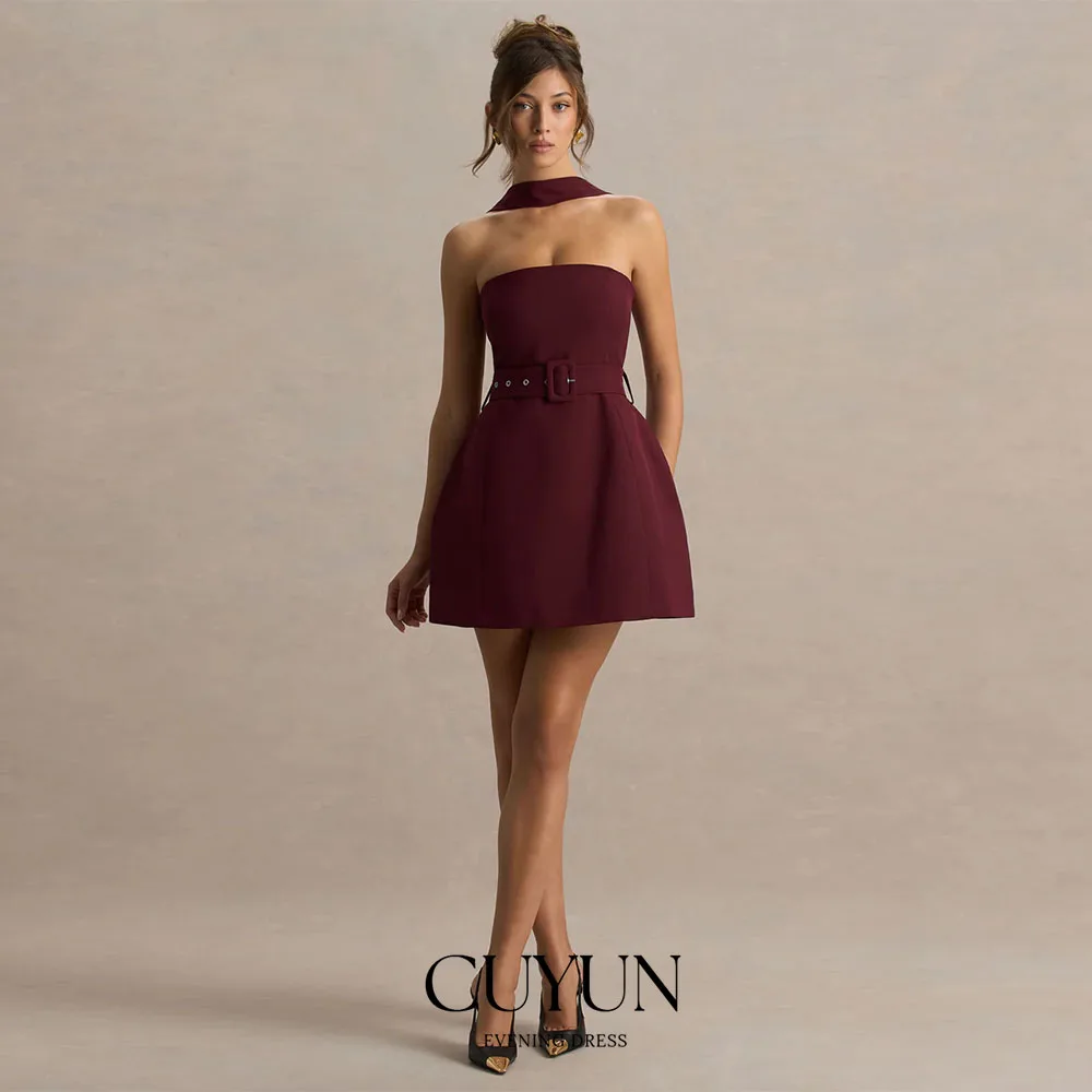 

CUYUN Customized Burgundy Strapless Prom Dresses with Belt Halter Sleeveless Mini Party Gown Short Homecoming Dresses