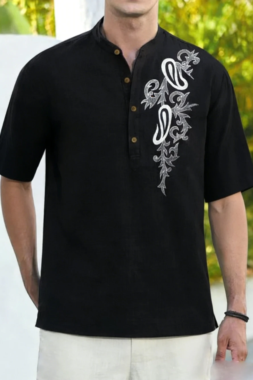 

Мужская летняя новинка 2026: простая льняная рубашка с коротким рукавом, HD 3D-печать, гавайский дизайн, одежда для отпуска