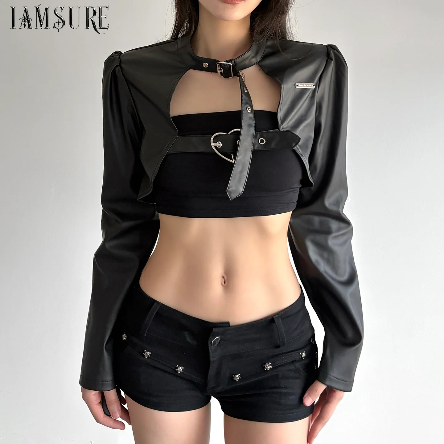 Women Gothic Faux Leather Shrug Crop Jacket Heart Buckle Harness Coats Punk Rock Long Sleeve Bolero Open Front Cut Out Shoulder