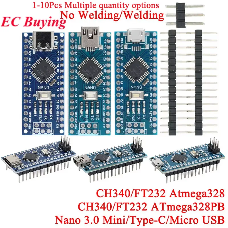 10Pcs/1pc Nano V3.0 3.0 Mini/Type-C/Micro USB Controller Development Board Module ATmega328P ATMEGA328PB for Arduino CH340 FT232