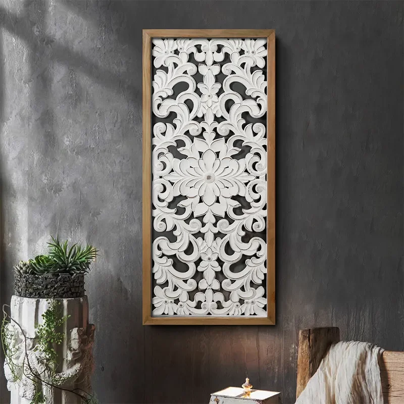 Retro French Carved Solid Wood Wall Hanging Rectangular Home Decor Living Room Background Pendant Artistic Wooden Wall