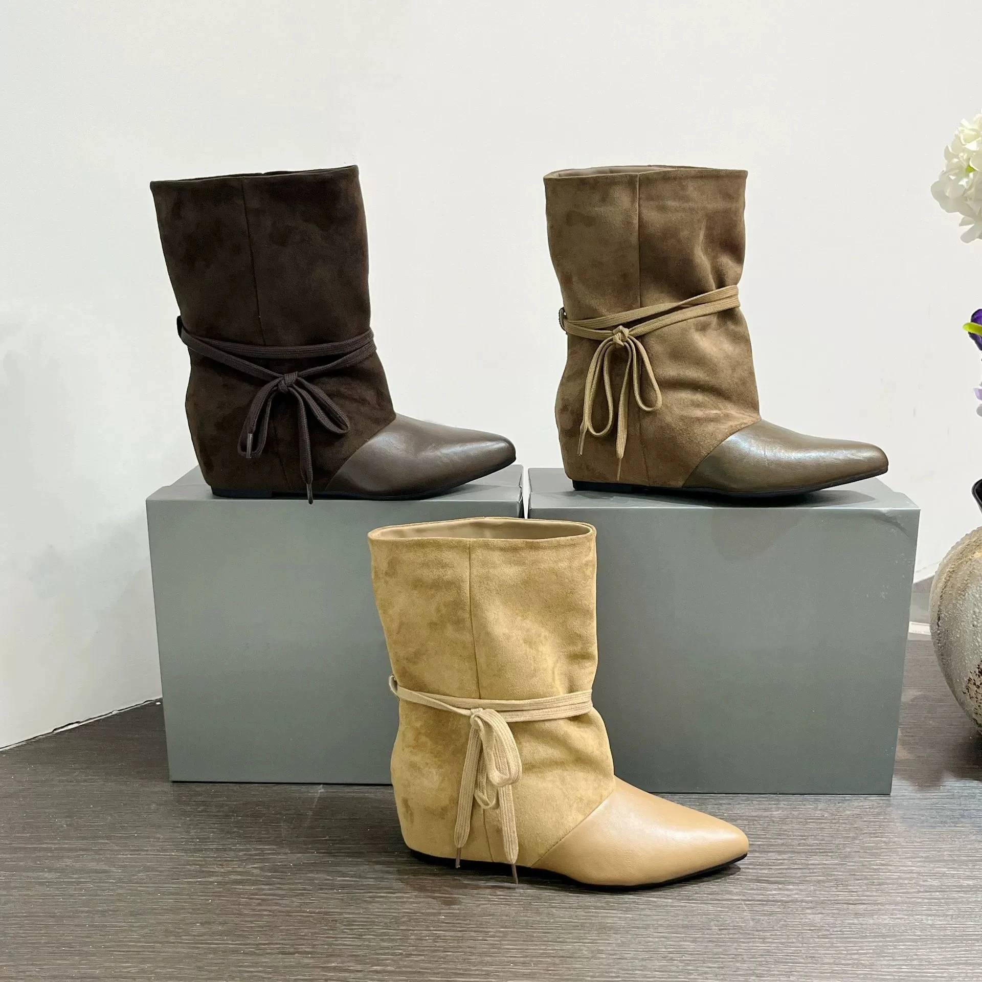 Niche Design Ladies' 7 cm Height Increase Lace Up Pointed Short Boots Autumn New Women's Pleated Stacking Boots Pants Boots