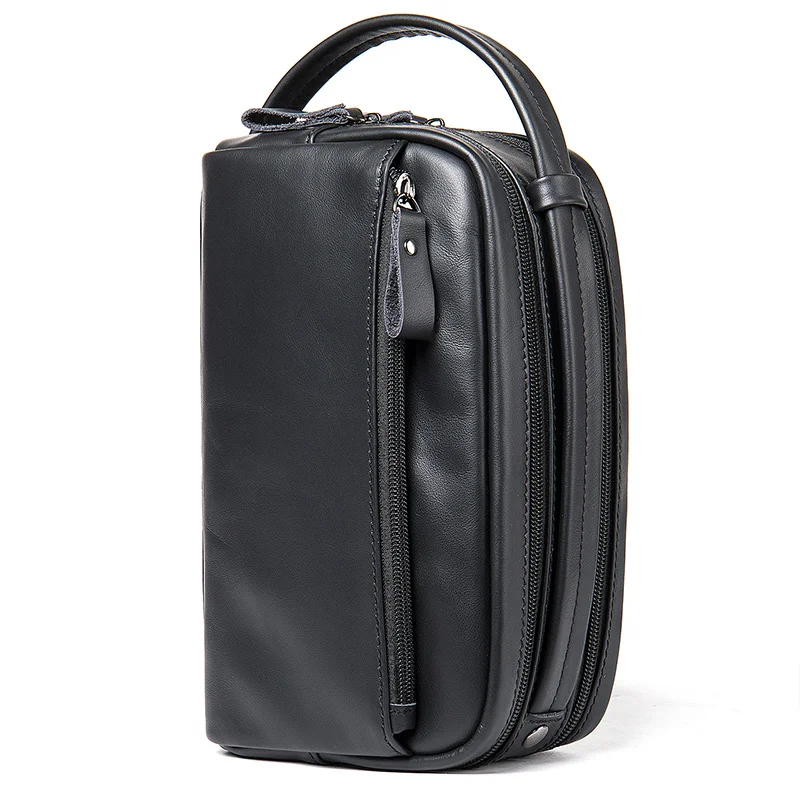 Leather business handbag super soft large capacity wash gargle bag leather casual handbag Male clutch bag black