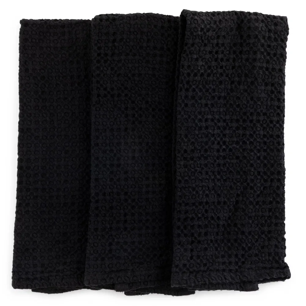 Cotton Waffle Kitchen Towels 3-Piece Set, Highly Absorbent Durable Dish Cloths, Black, Soft and Quick Dry for Kitchen Cleaning