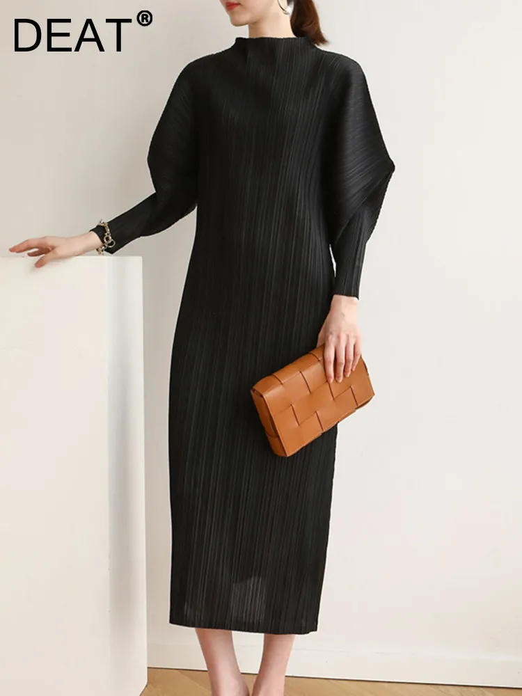 DEAT Woman Pleated Midi Dress Half High Collar Batwing Sleeve Elastic Waist Causal Style Elegant  2024 Autumn Fashion 15AK008