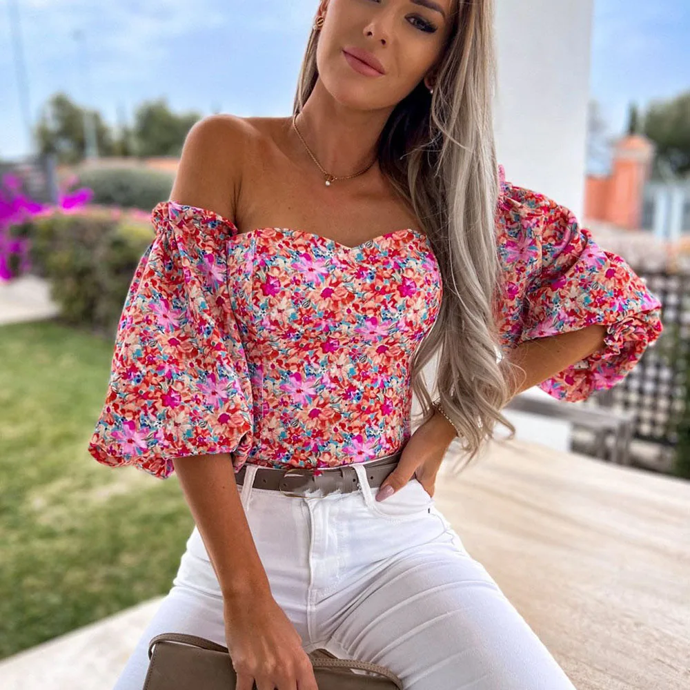 Women Sexy Top Summer Off Shoulder Floral Blouses Women 2022 Boho Casual Backless Blouse Female Holiday Slash Neck Tops Clothing