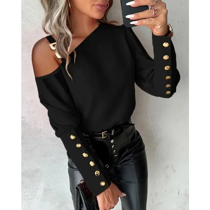 New Women\'s Autumn Commuter Shirt Metal Buckle Diagonal Neck Off Shoulder Shirt Long Sleeve Button Casual Elegant Women\'s Shirt