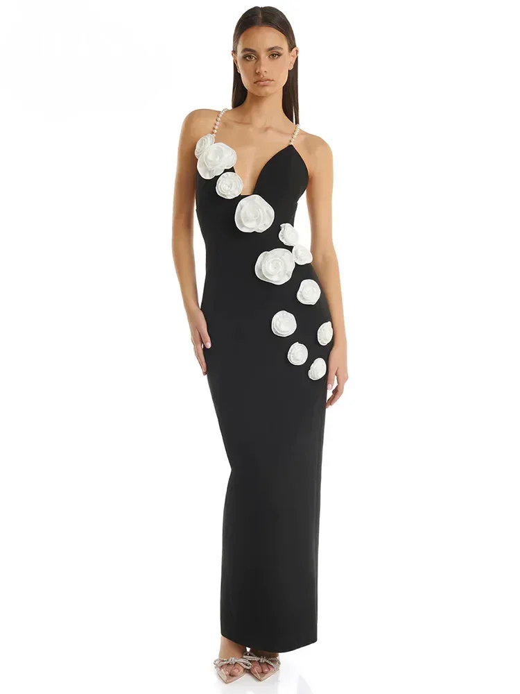 

JONN 2024 Women's Elegant Black Bandage Dress with Pearl Spaghetti Straps and Stereo Flowers Design Long Party Wear