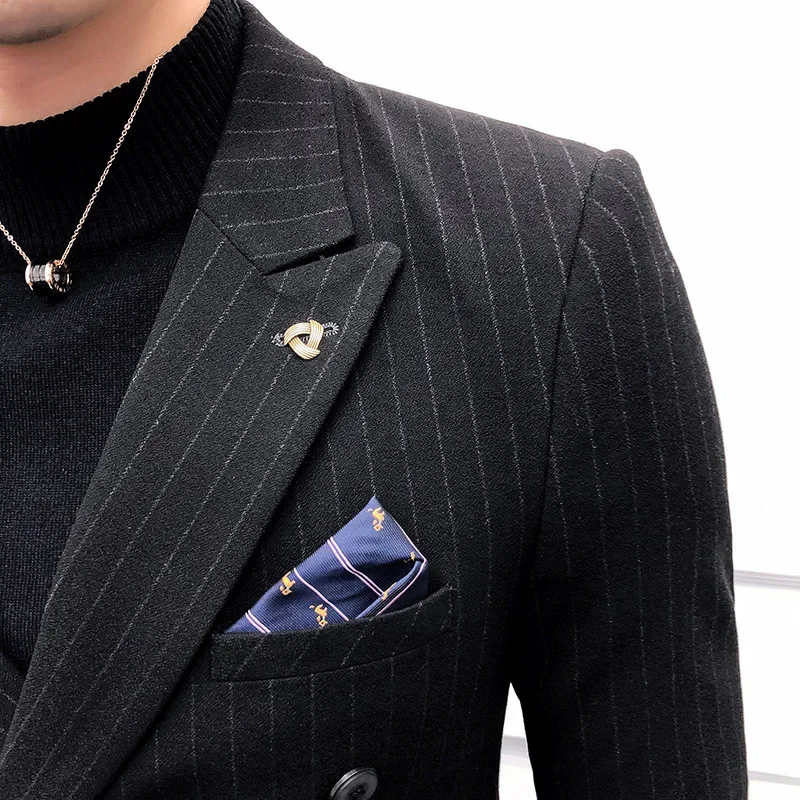 ( Jacket + Pants ) High-end Fashion Striped Men\'s Formal Double-breasted Business Suit Groom Wedding Dress Mens Suit 2 Piece Set