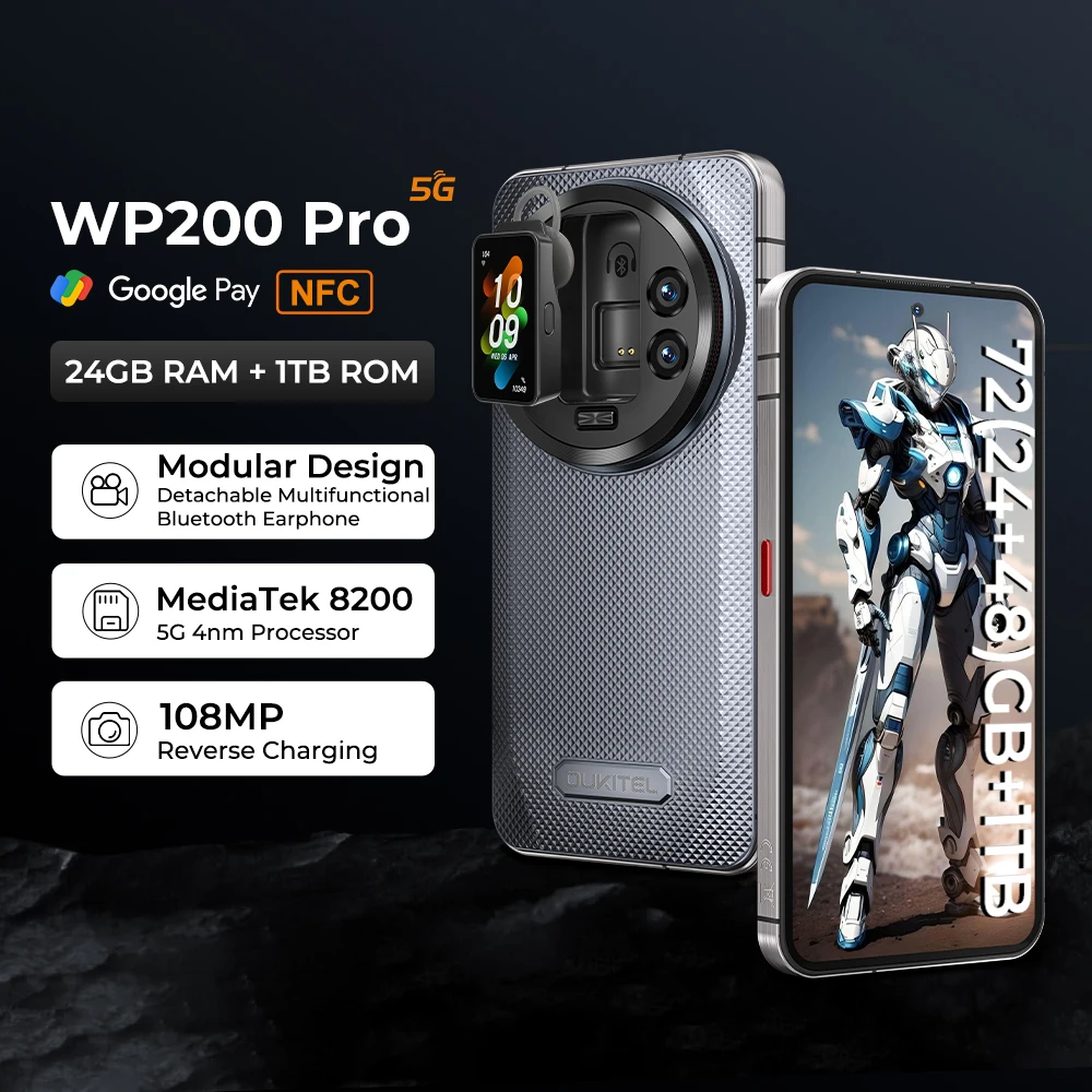 Oukitel WP200 Pro 5G Modular RuggedPhone Detachable Earphone-SmartWatch 72GB+1TB MTK8200 Smartphone 108MP camera