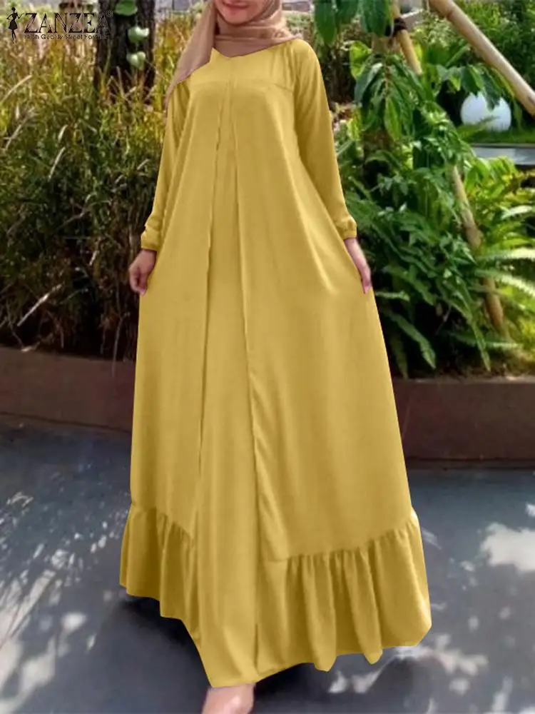 ZANZEA Muslim Fashion Fake Two-Pieces Long Dresses Women Elegant Long Sleeve O Neck Ruffled Hem Abaya Robes Casual Loose Vestido