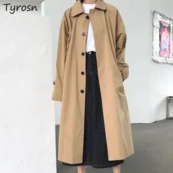 Long Trench Women Elegant Fashion Coat All-match Turn-down Collar Single Breasted Solid Khaki Outwear Chic Korean Style Overcoat