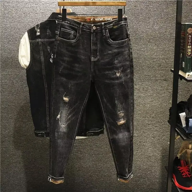Brand Man Luxury Fashion 2026 Slim-fit Stretch Pants Black Ripped Patch Jeans Trendy Retro Men's Casual Menswear Clothing Man