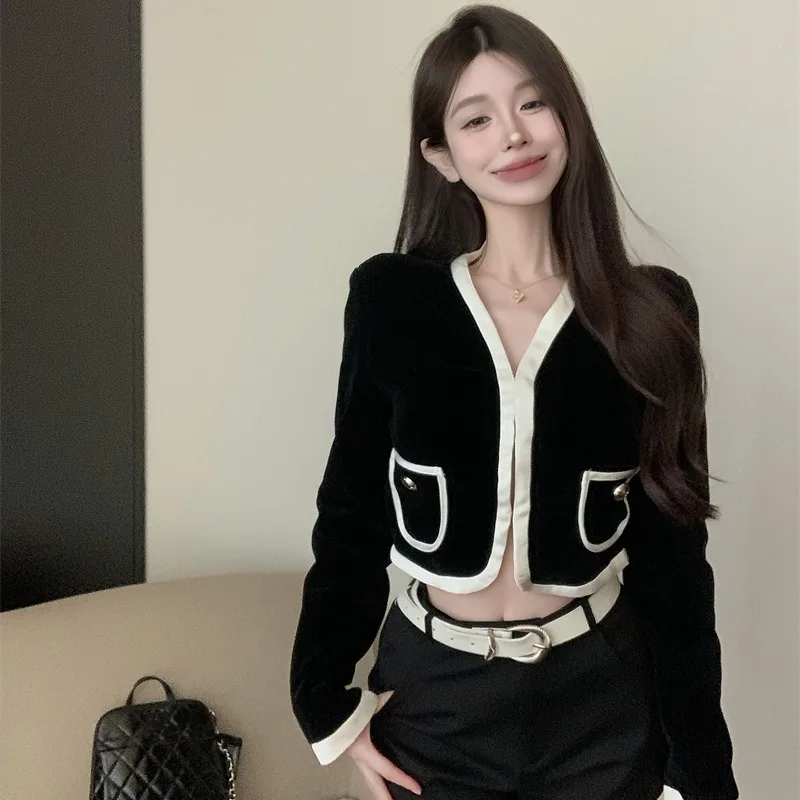 

Бархатное женское модное облегающее пальто с v-образным вырезом в стиле пэчворк, маленькое Fraance, осенне-зимнее новое поступление, женское пальто