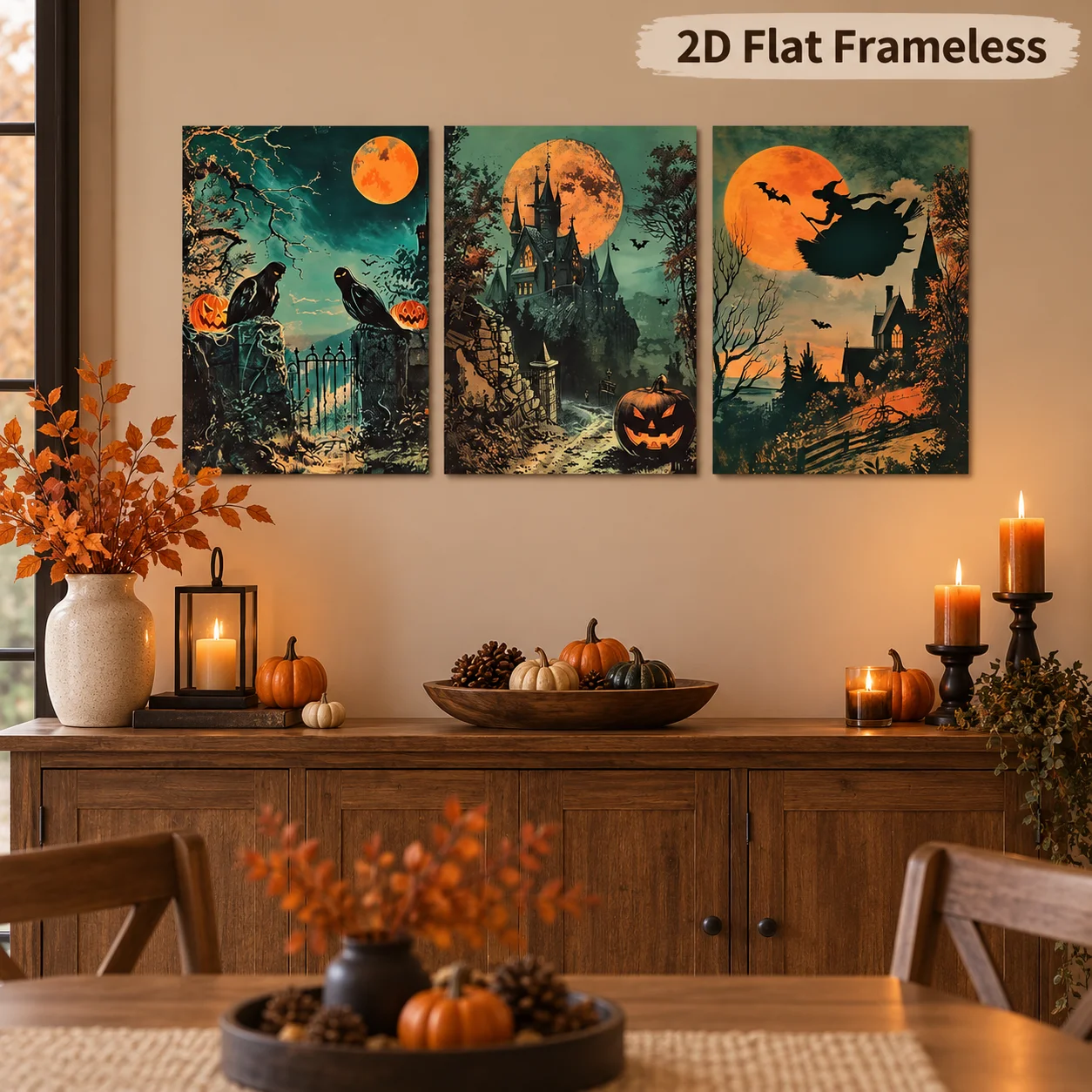 3 Dark Academy style Halloween artworks, country style crow castle paintings, posters of the moon and the riding broom witch, ho