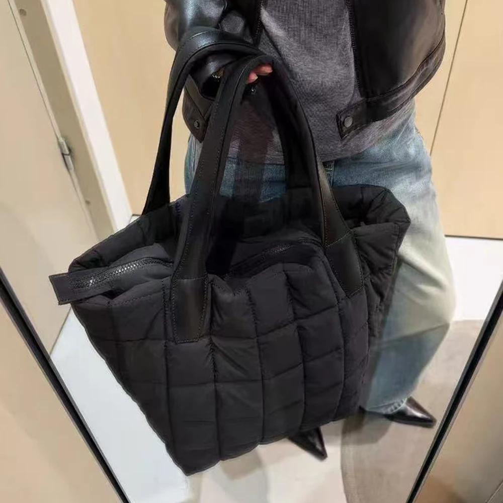 

Large Capacity Padded Tote Cotton Quilted Shoulder Bags for Women Down Space Handbags Soft Warm Shopper Purses Crossbody Bag NEW