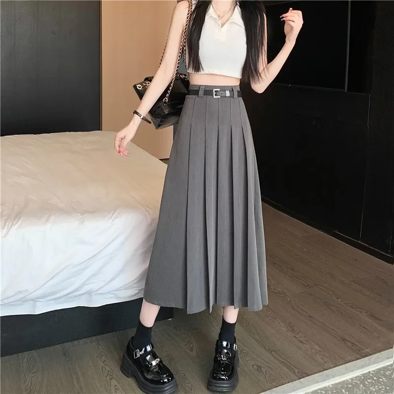 Grey High-Waisted A- Line Skirt Women's Clothing New Summer Petite Ins High-Waisted Slimming Medium-Length Skirt