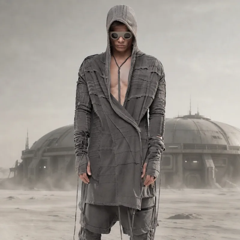 HKSH Spring Autumn New Men Tide Chic Ins Dark Punk Vintage Waste Land Asymmetrical Pleated Cotton Draped Hooded T-shirt HK28482