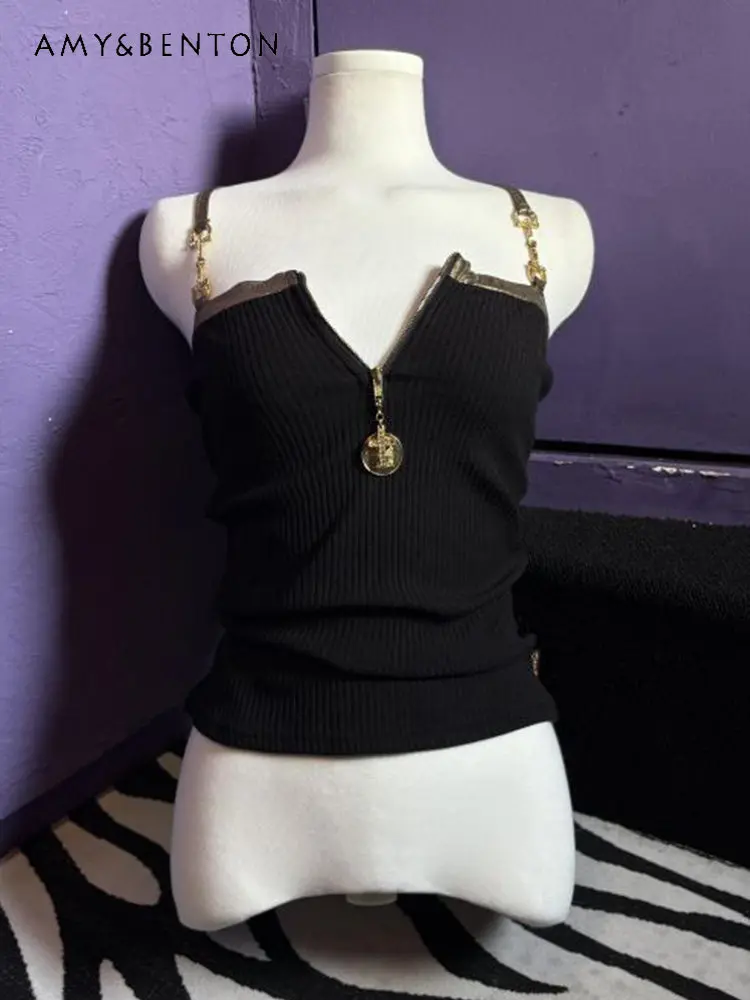 

2026 Spring Summer New Women's American Street Gothic Style Hot Girl Slim Fit Black Short Knit Cami Top for Daily