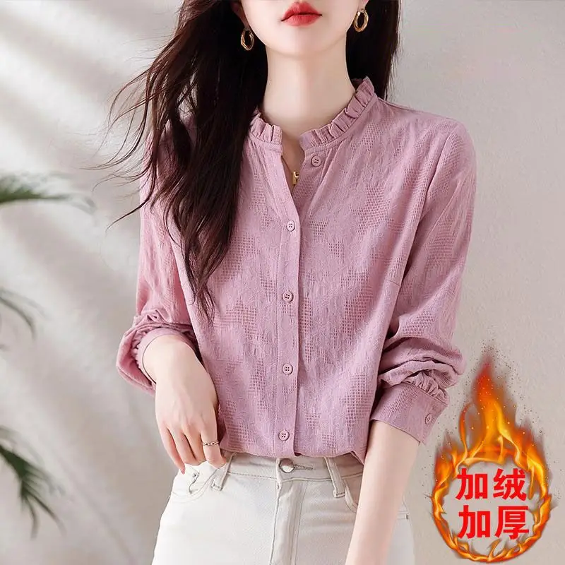 Autumn Winter New Fashion Standing Neck Long Sleeved Blouse Casual Versatile Western Solid Color Loose Clothing Women\'s Shirts