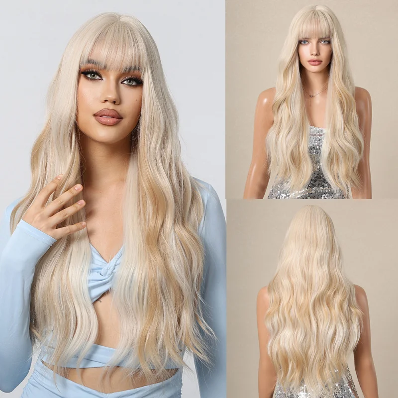 前髪付きフルヘッドウィッグ、プラチナブロンド、バービースタイル、大きく波状の長い巻き毛、ボリュームのある青いウェーブ