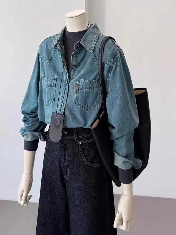 

Ретро-рубашка-куртка из денима в гонконгском стиле для женщин, свободного кроя, с длинным рукавом, весенне-осенняя, модная, маленького размера, на пуговицах, топ-кардиган