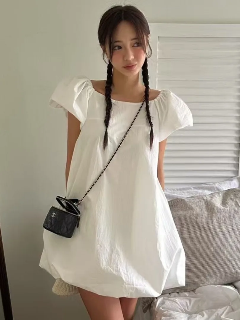 

White Bubble Sve Flower Bud Skirt Dr Women's Summer New Simple Elegance Loose ort Skirt Commute Sle Other Material