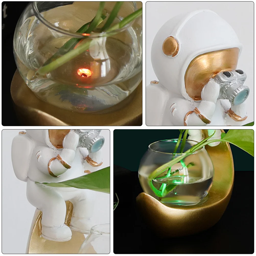 

Nordic Astronaut Hydroponic Flower Pot Desktop Ornament Moon LED Resin Vase Decorative Planter for Office Home Succulent Plants