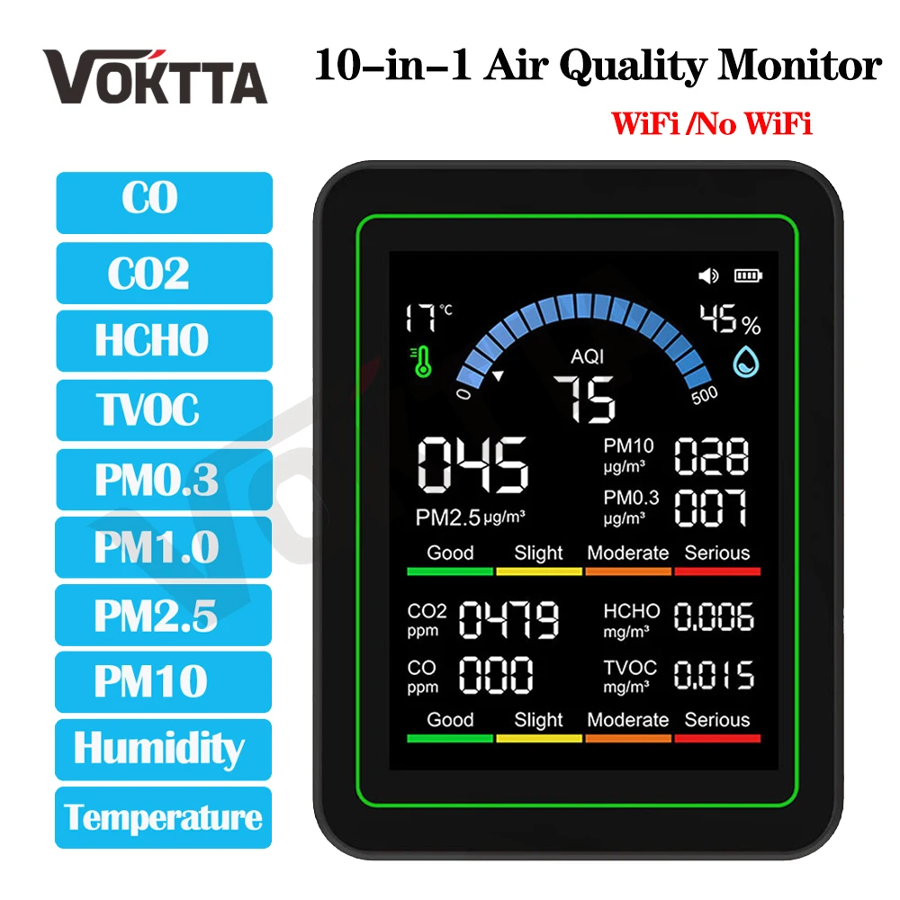 Détecteur de qualité de l'air 10 en 1, WiFi/sans WiFi, moniteur de CO2 PM0.3 PM1.0 PM2.5 PM10, détecteur de formaldéhyde, température et humidité