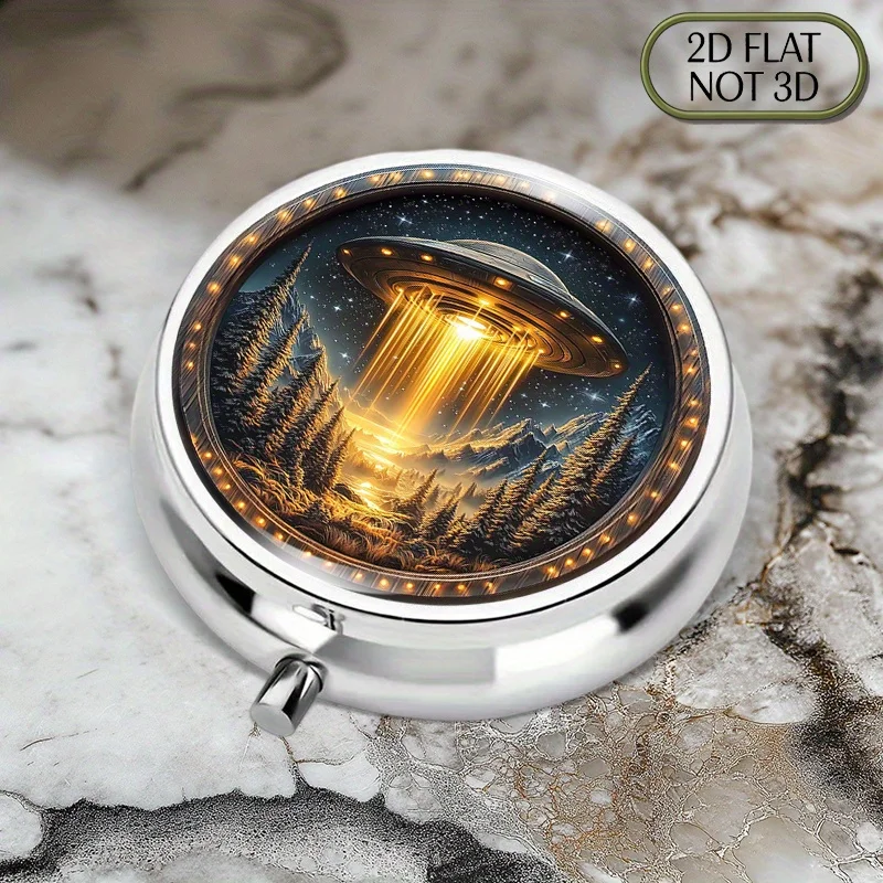 1pc flat portable round metal pill box, featuring a spaceship with magical lighting, is an ideal choice for storing medication, vitamins, and supplements while traveling or at home. As a multi-functional organizer, it is very suitable for storing small it
