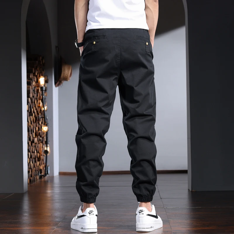 Calças de lápis preto baggy masculino verão streetwear casual algodão elástico na cintura com cordão cp2220