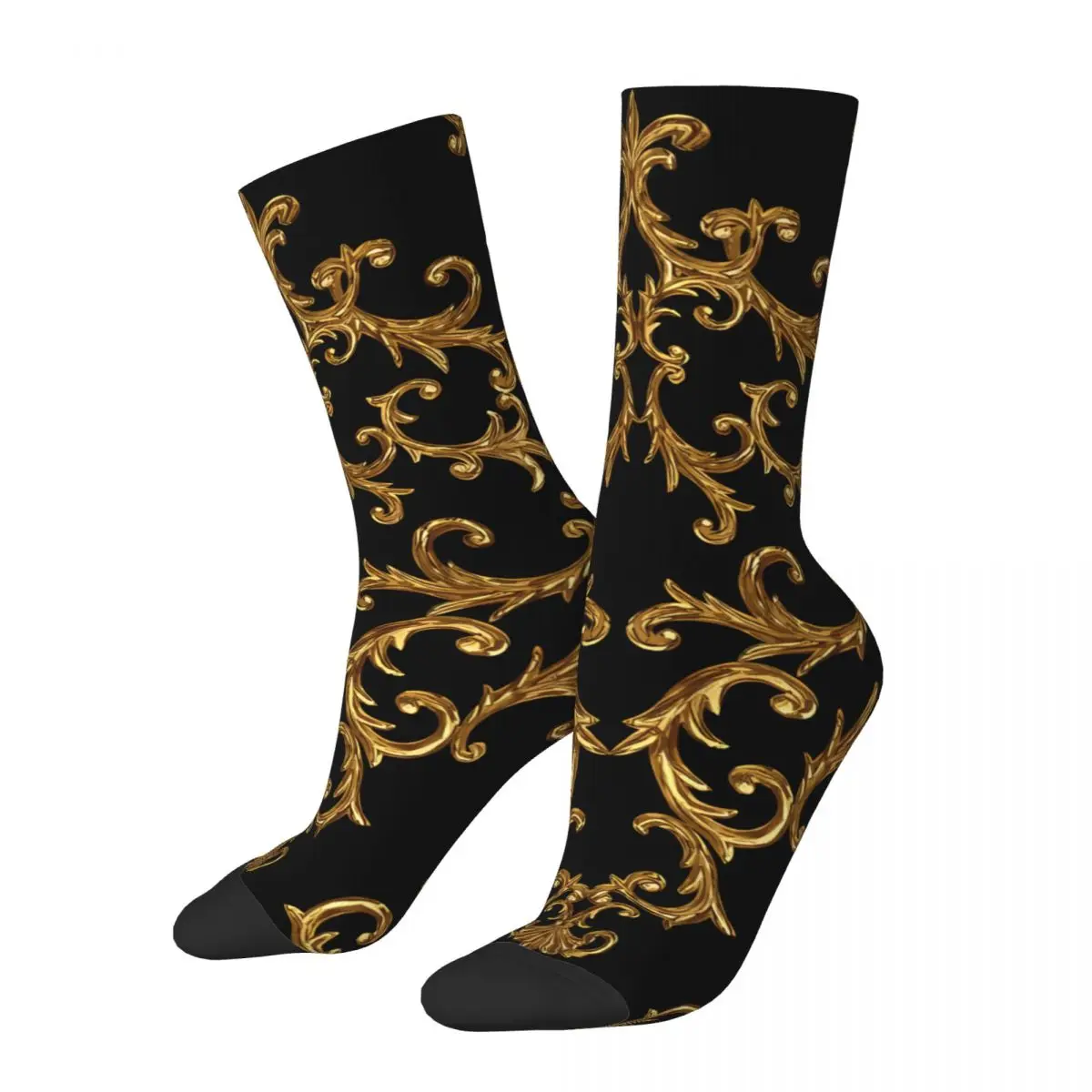 Happy Men\'s Socks Black And Gold Damask Vintage Golden Lion And Damask Harajuku Seamless Crew Sock Gift Pattern Printed