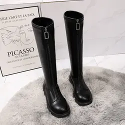 Skórzane buty damskie Obuwie dla kobiet Długi okrągły nosek Elegancki z niskimi obcasami Biker Winter Knee High Shaft Boot Hot Y2k Pu