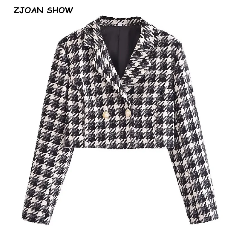 2023 Autumn Notched Checked Plaid Woven Tweed Blazer Cropped Vintage Women Pearl Button Long sleeve Short Suit Coat