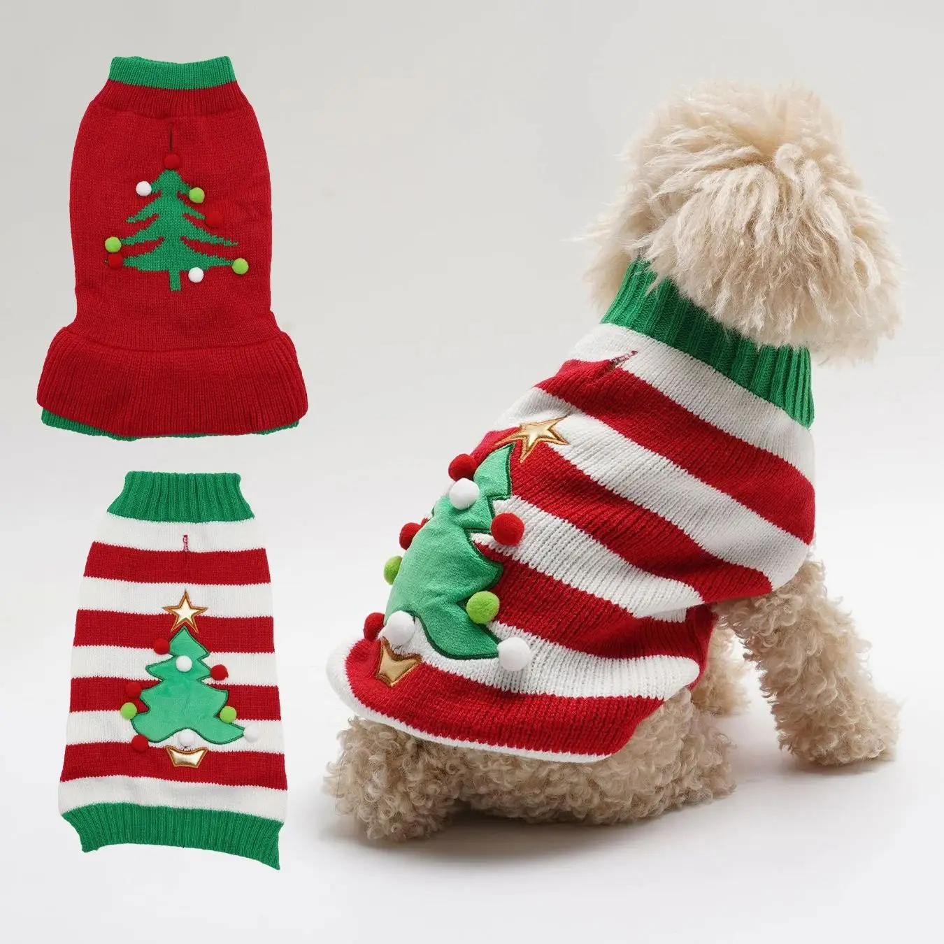 

2 Pack Knitted Pet Sweater for Dogs And Cats High Elasticity Color Block Christmas Tree Star Design Autumn Winter Clothes