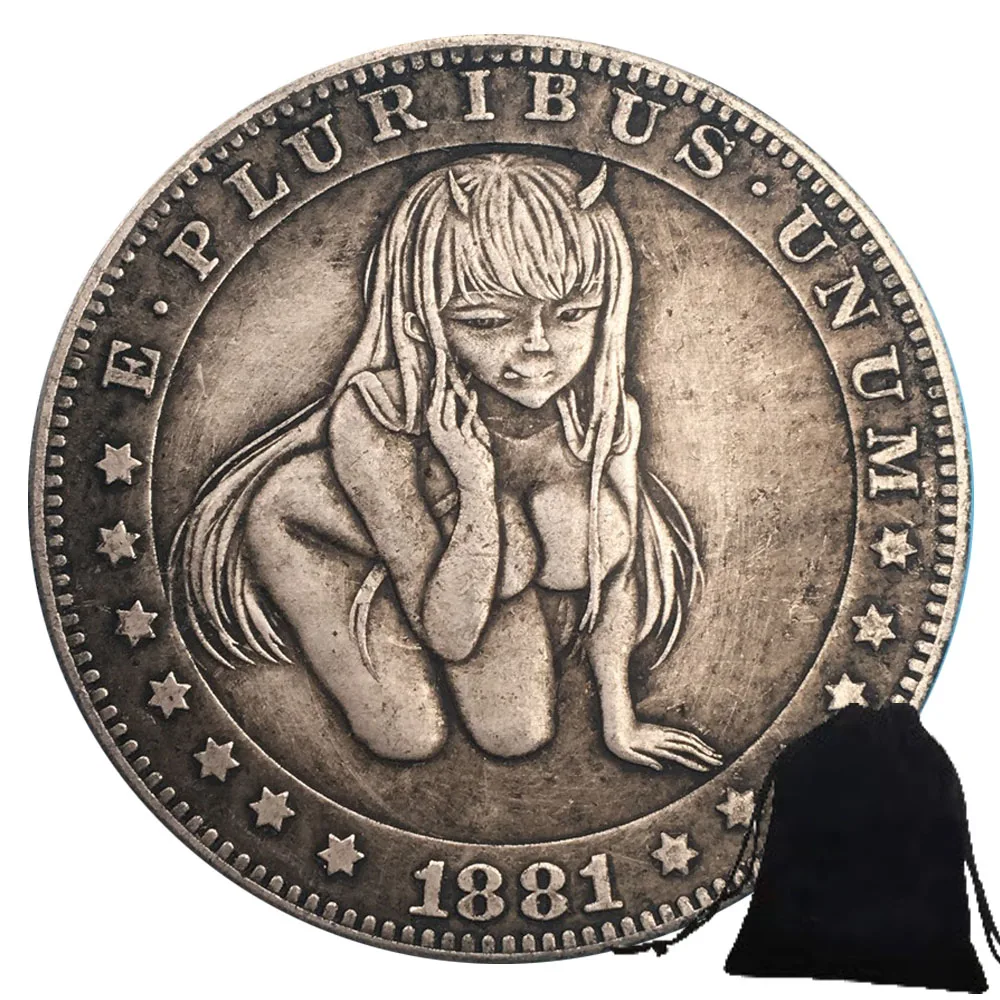 Luxury Beautiful Stoop Girl Hobo Nickel Art Couple Coin/US Good Luck Badge Commemorative Morgan Pocket Coin+Gift Bag