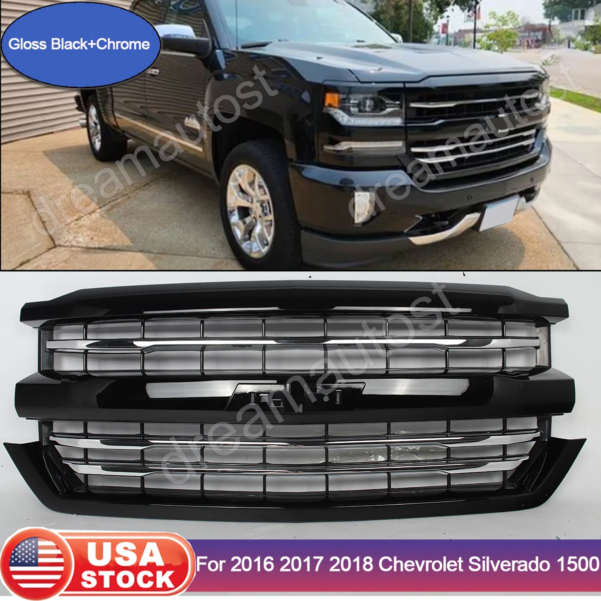 Glossy Black Front Grille Modify for Chevrolet Silverado 1500 High Country 2016-2018 Front Bumper Upper Grille Radiator Grills