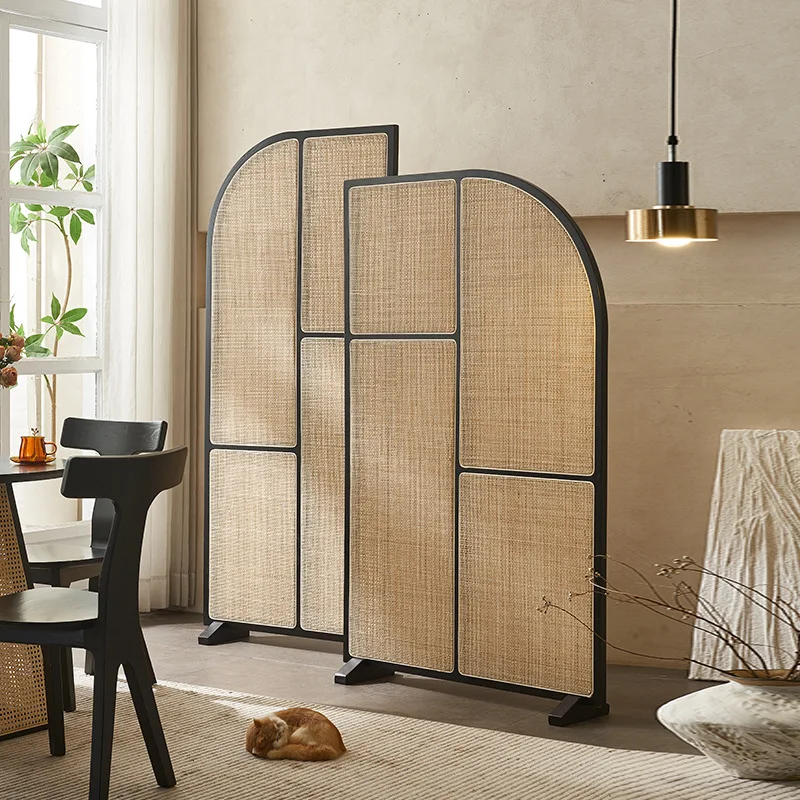 Solid wood rattan woven screen combination, creative partition wall for small living rooms, movable minimalist base screen