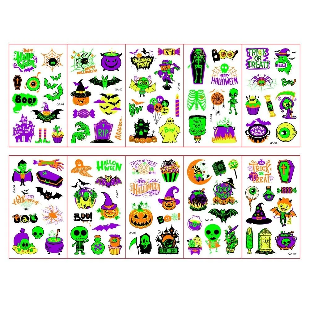 10Pcs/Set Fake Tattoo Glow Party Tattoo Stickers Temporary Waterproof Fluorescent Tattoo Sticker Glow in The Dark Cartoon