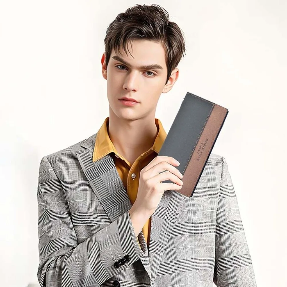 Large Capacity Long Suit Wallet PVC Coffee Men Business Wallet Anti-splash Water Multiple Card Holder Contrast Color PU Purse