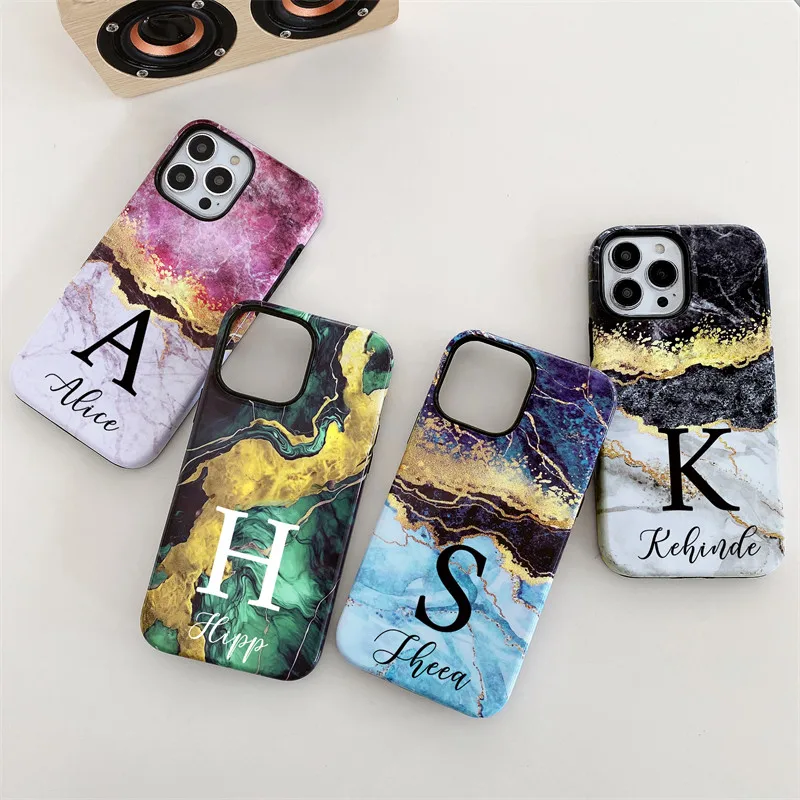 Funda protectora 2 en 1 de mármol con nombre personalizado para iPhone, carcasa brillante de silicona suave y dura para PC, 14, 13, 15 pro max, 12, 11 Pro Max, 14, 15plus
