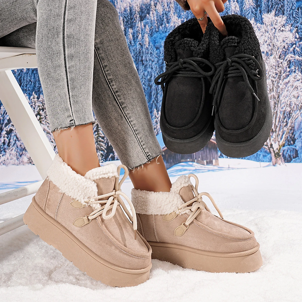 Botas de nieve de fondo grueso a la moda para mujer, suela de goma hasta el tobillo, zapatos de estilo Simple para mujer, botines antideslizantes cálidos de invierno para mujer