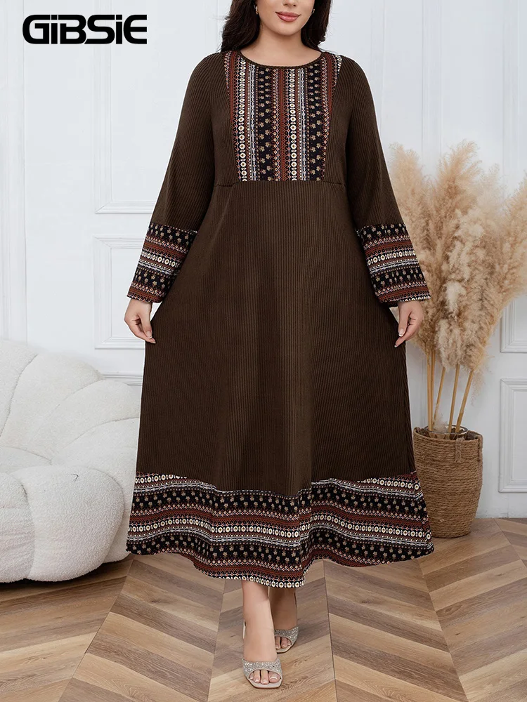

GIBSIE Plus Size Ethnic Style Knit Abaya Dress Women 2026 Spring Fall O-Neck Long Sleeve High Waist A-line Casual Maxi Dresses