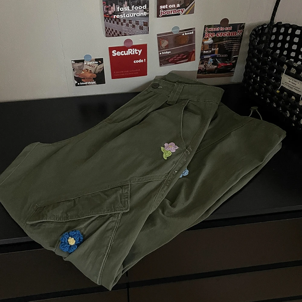 Women Denim Cargo Pants Spring Summer New High Waist Floral Embroidery Drawstring Straight Jeans Casual All-Match Long Pant