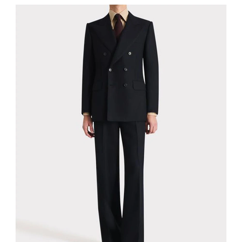

Fashion Men Simple Black Buisness Suit 2 Piece Jacket Pant Set Double-Breasted Peak Lapel Daily Office Party Male Outfits