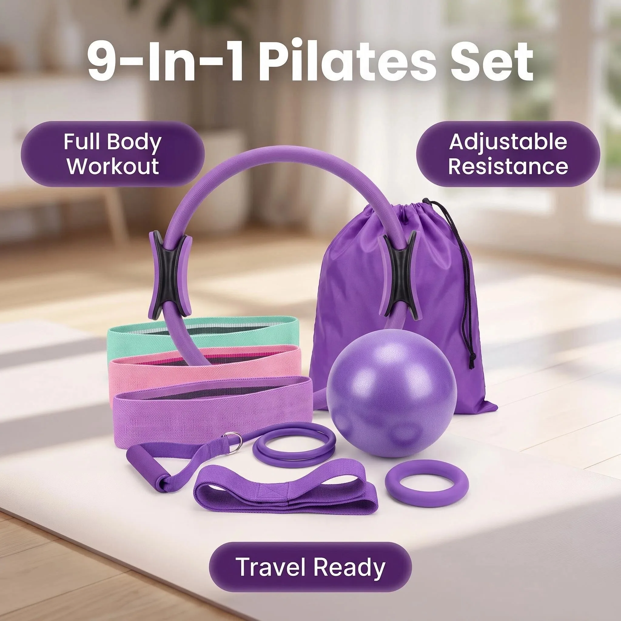 Pilates 9-in-1 Fitness Set Yoga Ring Resistance Bands Ball Pull Rope Home Gym Full Body Workout Kit with Carry Bag for Women